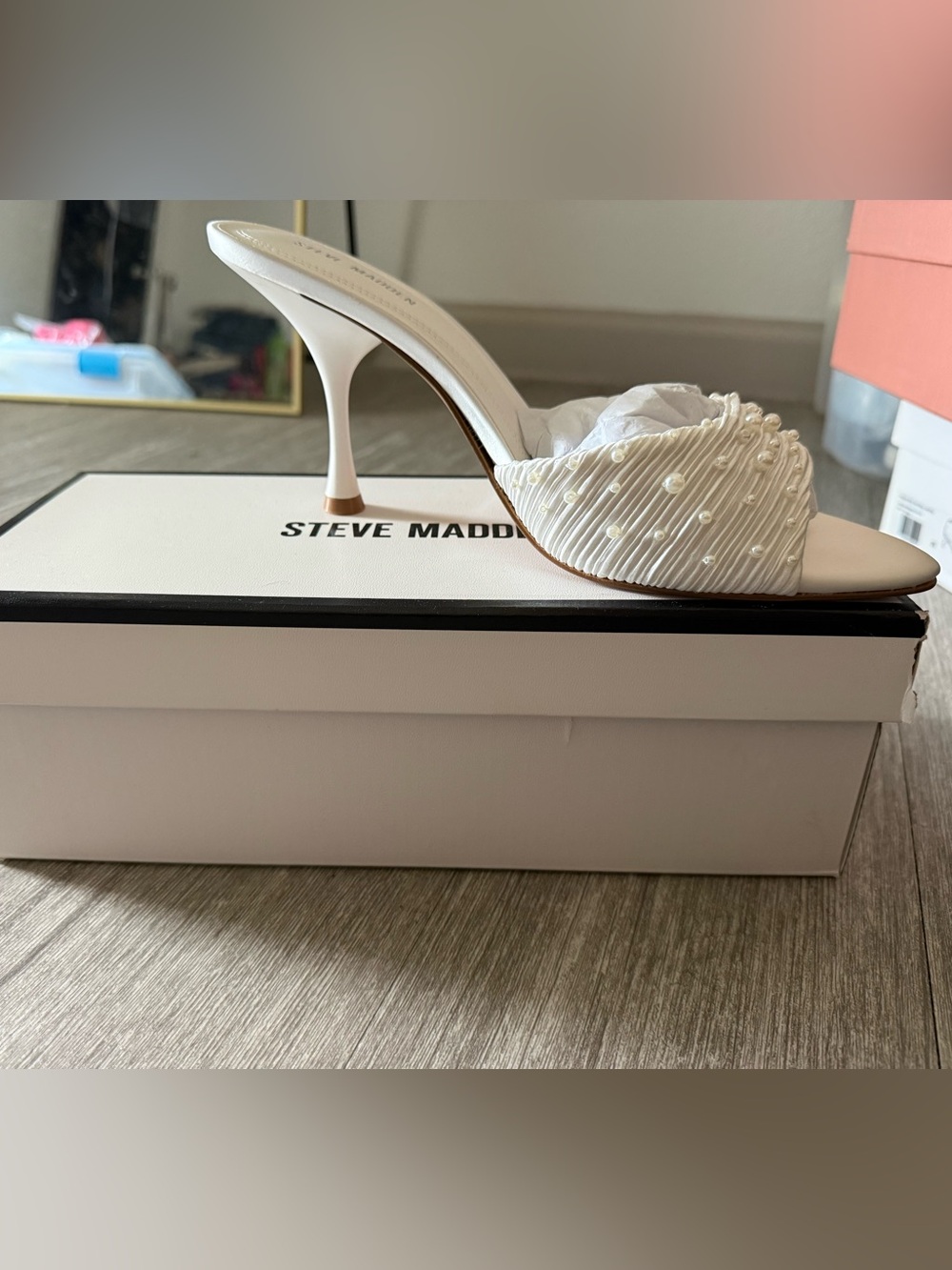 Steve Madden Santi Pearl Satin Heels White Bridal Wedding Mule Sandals 9.5